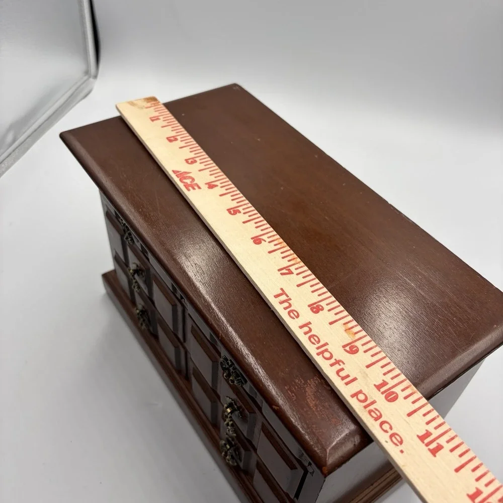 Vtg Brown Wood Rectangle Jewelry Box Organizer w/ Drawers Music Box MCM Cottage